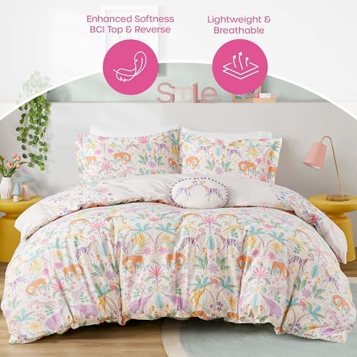 Twin Duvet Cover Set with Jungle Animals and Reversible Floral Design