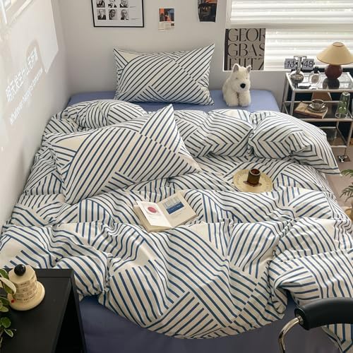 LIWHENHAO 100 Cotton Duvet Cover Set Queen Modern Blue Stripe