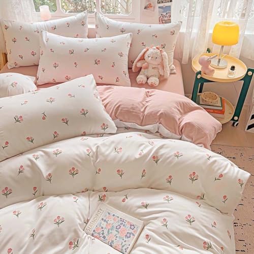Nayoroom Pink Tulip Duvet Cover Set 3Pcs Reversible Microfiber 1