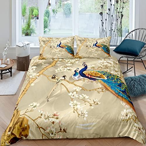Feelyou Peacock Duvet Cover Set with Floral Pillowcases King Size