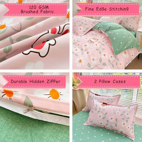 OranFran Kids Cartoon Duvet Cover Set Pink Floral 3PCS Reversible Kawaii