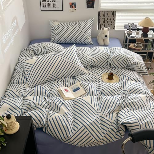 LIWHENHAO 100 Cotton Duvet Cover Set Queen Modern Blue Stripe