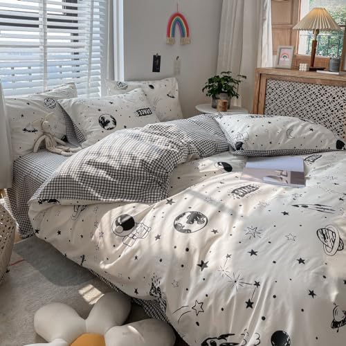 LAYENJOY Space Duvet Cover Set Queen 100 Cotton Cartoon Astronaut