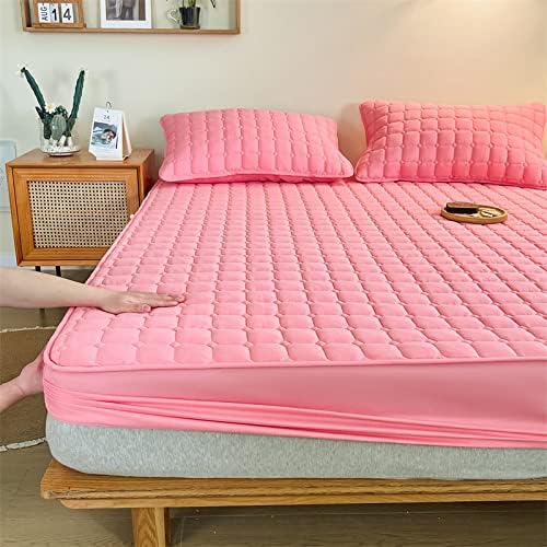 FCLDESHOP Fitted Bottom Sheet Quilted Polyester Mattress Pad Cover 150x200cm Pink