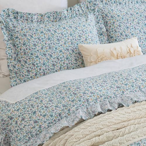 DAUAOTO Duvet Cover Set with Ruffle 100 Cotton Blue Floral
