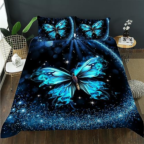 AILONEN Butterfly Duvet Cover Set Queen Size Sparkly Blue 1