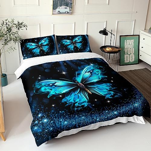 AILONEN Butterfly Duvet Cover Set Queen Size Sparkly Blue 1
