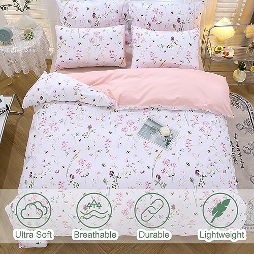 URBONUR Pink Floral Queen Duvet Cover Set 3 Piece